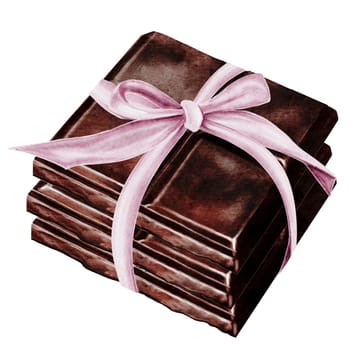 Chocolate watercolor. Stack of gift chocolate with a bow. Hand drawn slice of dark chocolate bar on isolated white background. Clip art of sweet dessert. Ideal for logo and packaging of sweets, coffee shop menu and recipes. High quality illustration