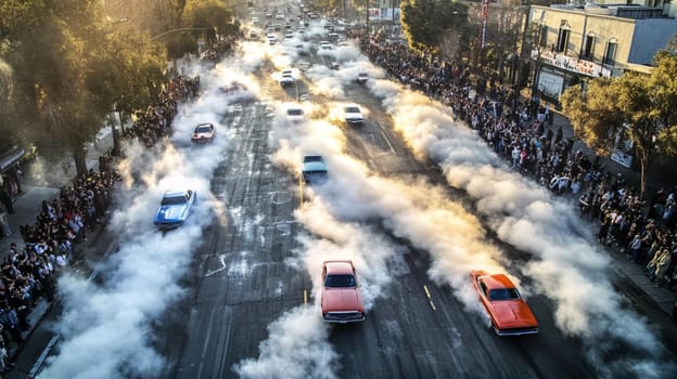 Powerful sports cars race through city streets at sunset, leaving a trail of smoke, thrilling spectators with high speed action