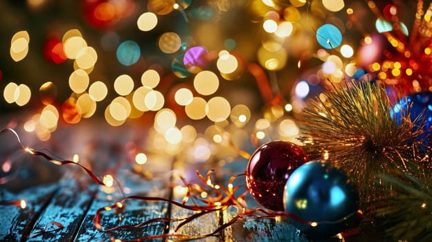 A vibrant close-up image of colorful Christmas decorations, including glittering baubles and twinkling lights, evoking a warm holiday ambiance - Generative AI
