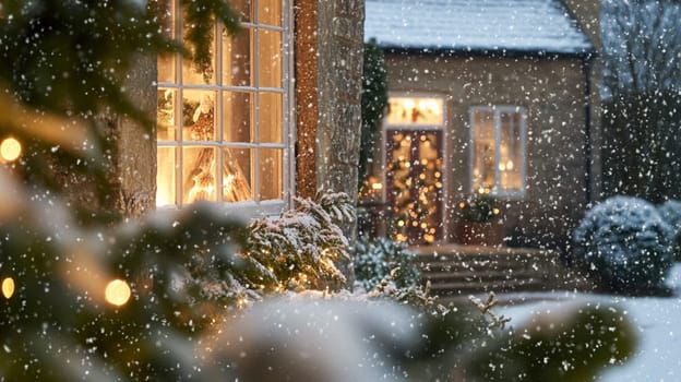 Christmas in the countryside, cottage decorated for holidays on a snowy winter evening with snow and holiday lights, English country styling inspiration