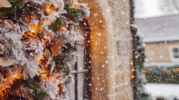 Christmas in the countryside, cottage decorated for holidays on a snowy winter evening with snow and holiday lights, English country styling inspiration