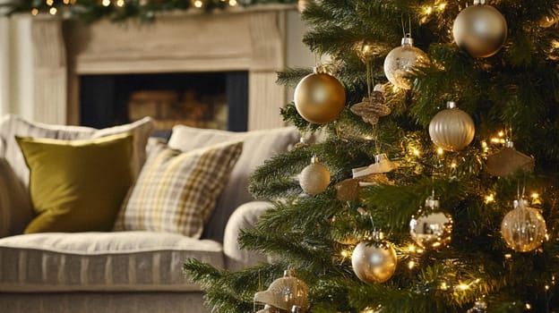 Christmas, holiday decor and country cottage style, cosy atmosphere, decorated Christmas tree in the English countryside house living room with fireplace, interior decoration idea
