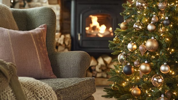 Christmas, holiday decor and country cottage style, cosy atmosphere, decorated Christmas tree in the English countryside house living room with fireplace, interior decoration idea