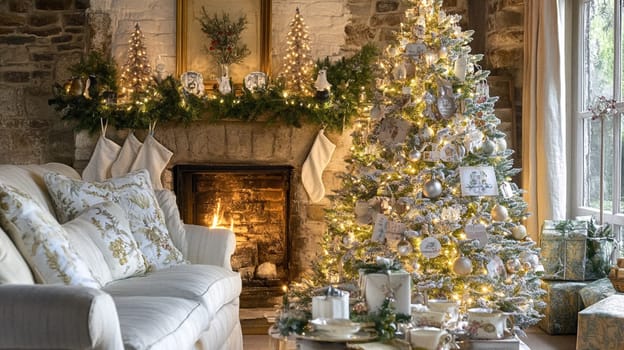 Christmas, holiday decor and country cottage style, cosy atmosphere, decorated Christmas tree in the English countryside house living room with fireplace, interior decoration idea