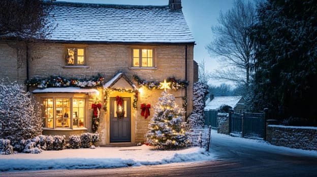 Christmas in the countryside, cottage decorated for holidays on a snowy winter evening with snow and holiday lights, English country styling inspiration