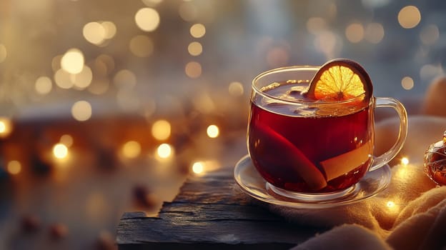 Cup of traditional Christmas mulled wine with spices and cookies, Generative AI, food drink