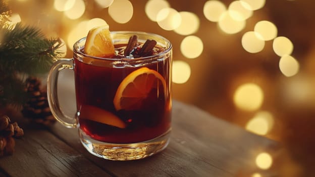 Cup of traditional Christmas mulled wine with spices and cookies, Generative AI, food drink
