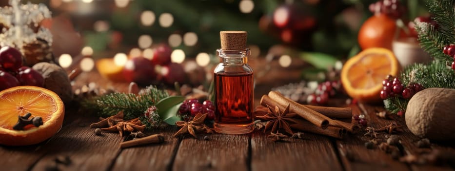 Christmas essential oils in bottles. Selective focus. Generative AI, Nature.