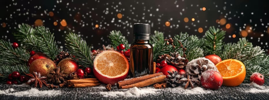 Christmas essential oils in bottles. Selective focus. Generative AI, Nature.