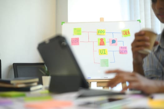 Whiteboard filled with colorful notes and app development flowcharts.
