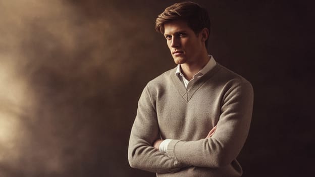 Handsome English man model dressed up smart casual fashion style, exuding refined masculinity and timeless elegance idea