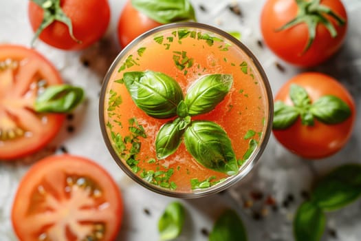 Overhead view of a glass filled with fresh tomato juice, garnished with vibrant green basil leaves. Surrounding ripe tomatoes and basil provide a rustic, organic, and healthy food presentation. Ideal for concepts of healthy eating, beverages, and summer refreshment.