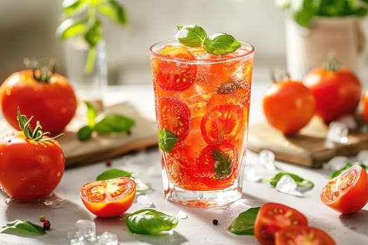 A tall glass of sparkling tomato soda filled with ice cubes, garnished with fresh basil leaves and slices of tomatoes. The setting showcases natural light and vibrant summer vibes with ripe tomatoes scattered around.