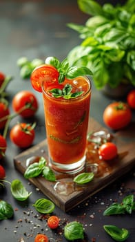 A vibrant glass of tomato juice placed on a wooden board, surrounded by fresh tomatoes, basil leaves, and scattered spices. Perfect for concepts involving organic, natural food, and rustic culinary presentation.