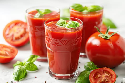 A trio of glasses filled with fresh tomato juice garnished with basil leaves, surrounded by ripe tomatoes and herbs. The bright presentation emphasizes healthy and natural eating concepts.