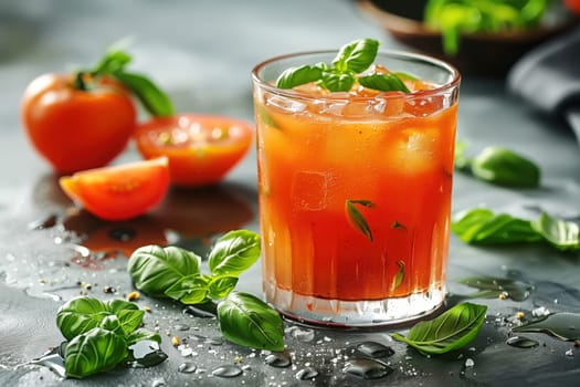 A glass of sparkling tomato drink filled with ice cubes and garnished with fresh basil. The surrounding ripe tomatoes and basil leaves highlight a healthy, refreshing summer beverage concept.