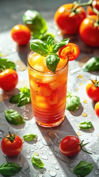 A close-up shot of vibrant tomato juice garnished with fresh basil leaves, surrounded by ripe tomatoes and herbs. The setting conveys a fresh, natural, and healthy concept, ideal for showcasing farm-to-table beverages, organic nutrition, and refreshing summer drinks.