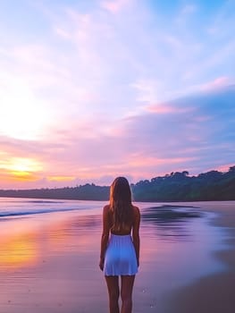 A woman in a white dress stands on a tranquil beach, gazing at the horizon during sunset. The sky glows with vibrant hues of pink, purple, and orange, reflecting beautifully on the calm water and sand.