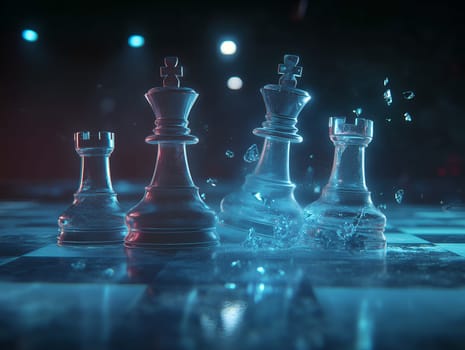 Glass chess pieces, including kings and pawns, stand on a reflective chessboard under dramatic lighting. One piece appears shattered with glass fragments frozen mid-air, creating a dynamic and intense atmosphere.