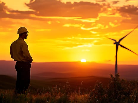 Silhouette of an engineer wearing a hard hat, standing in a field during sunset with a wind turbine in the background. The golden sky and rolling hills highlight renewable energy and sustainability themes.