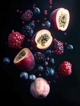 Assorted tropical fruits and berries, including passion fruit, blackberries, blueberries, and raspberries, suspended mid-air against a dark background. A colorful, vibrant, and creative food concept.