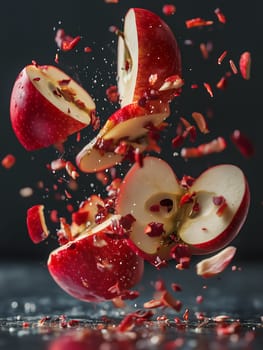 Dynamic image of red apples shattered into slices and fragments mid-air, with flying pieces and splashes, set against a dark background. A vibrant, creative food concept in motion.