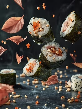 Dynamic image of sushi rolls suspended mid-air, surrounded by toppings, sesame seeds, and delicate leaves against a dark background. A creative and artistic Japanese food concept.