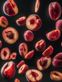 Dynamic composition of whole and halved plums suspended mid-air against a dark background. The ripe red plums display their juicy textures, pits, and vibrant details in a creative food concept.