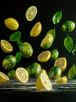 Vibrant image of fresh lemons and limes, whole and sliced, floating mid-air with green leaves against a dark background. A refreshing, dynamic, and creative food concept highlighting citrus freshness.