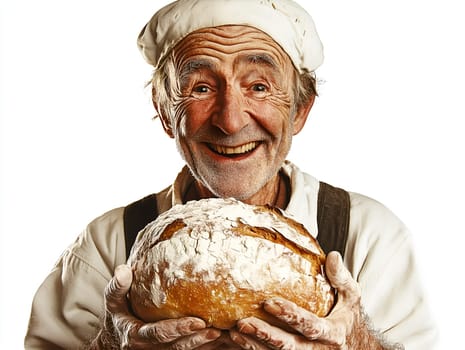 Smiling elderly baker in traditional attire proudly holding a crusty loaf of bread. The image highlights joy, baking expertise, and traditional craftsmanship on a white background.