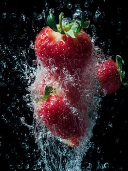 Vibrant red strawberries captured mid-splash as they plunge into water, creating dynamic bubbles and ripples against a dark background. A refreshing and vivid food concept.