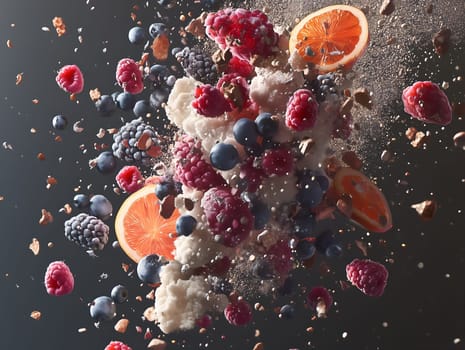 Vibrant image of berries, orange slices, and granola fragments exploding mid-air against a dark background. Creative and dynamic food composition featuring raspberries, blueberries, and blackberries.