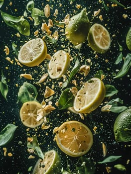 Vibrant image of fresh lemons and limes, whole and sliced, floating mid-air with green leaves against a dark background. A refreshing, dynamic, and creative food concept highlighting citrus freshness.