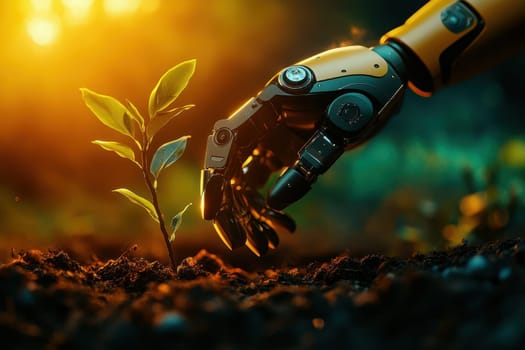 A robotic hand gently plants a young sapling in rich soil, captured in warm golden sunlight, symbolizing the fusion of technology and nature, and sustainable growth.