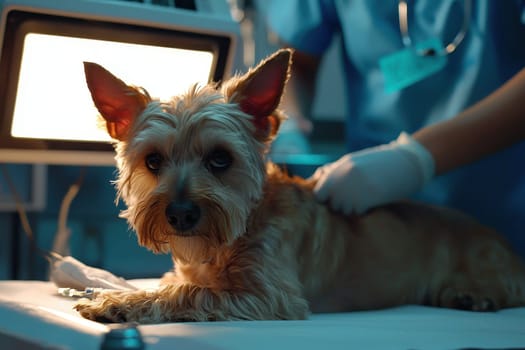 A small dog lies on an examination table under warm lighting, receiving gentle care from a veterinarian's hands. This scene captures the bond of compassion and trust during veterinary treatment.