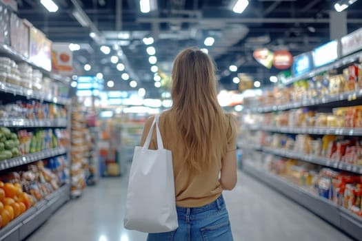 A woman with long hair walks through a grocery store aisle, carrying a simple white bag while surrounded by an array of colorful products on the shelves.