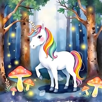 A whimsical watercolor painting of a unicorn with a rainbow mane standing in a magical forest surrounded by glowing mushrooms and sparkling fireflies. Use soft pastel colors and smooth brush strokes to create a fairytale-like, enchanting scene.