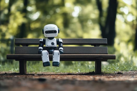 A charming robot doll sits quietly on a park bench, surrounded by lush greenery and trees, evoking feelings of solitude and whimsy.