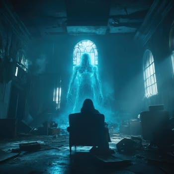 A ghostly figure materializes in an abandoned building enveloping the space in a chilling and surreal atmosphere.