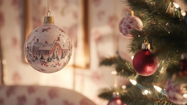 Christmas, holiday decor and country cottage style, cosy atmosphere, decorated Christmas tree in the English countryside house living room with fireplace, interior decoration idea