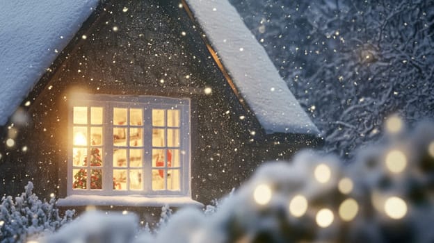 Christmas in the countryside, cottage decorated for holidays on a snowy winter evening with snow and holiday lights, English country styling inspiration