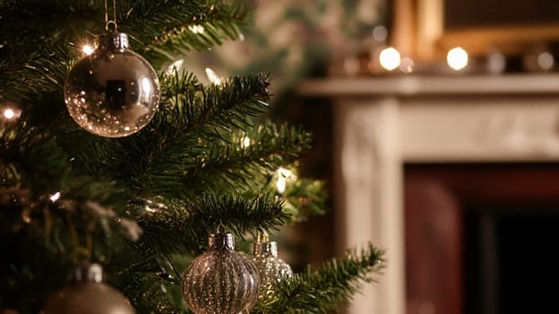 Christmas, holiday decor and country cottage style, cosy atmosphere, decorated Christmas tree in the English countryside house living room with fireplace, interior decoration idea