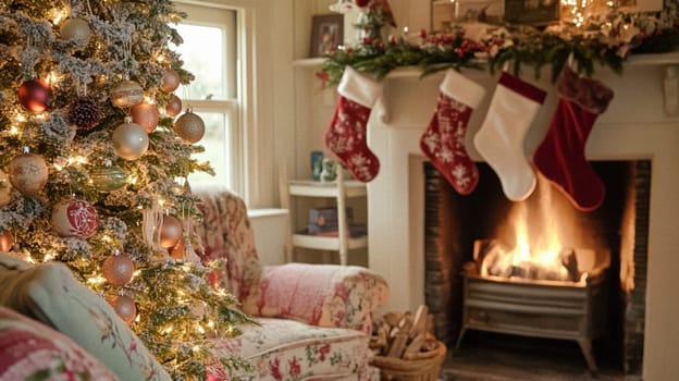 Christmas, holiday decor and country cottage style, cosy atmosphere, decorated Christmas tree in the English countryside house living room with fireplace, interior decoration idea