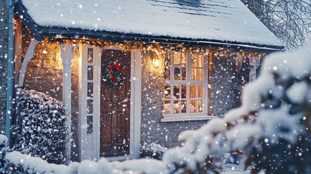 Christmas in the countryside, cottage decorated for holidays on a snowy winter evening with snow and holiday lights, English country styling inspiration
