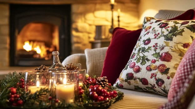 Christmas, holiday decor and country cottage style, cosy atmosphere, decorated Christmas tree in the English countryside house living room with fireplace, interior decoration idea