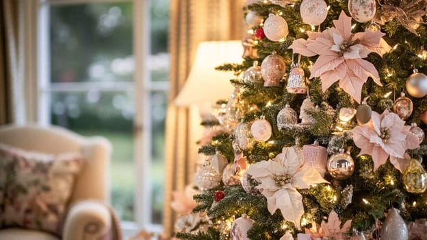 Christmas, holiday decor and country cottage style, cosy atmosphere, decorated Christmas tree in the English countryside house living room with fireplace, interior decoration idea