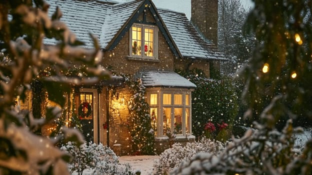 Christmas in the countryside, cottage decorated for holidays on a snowy winter evening with snow and holiday lights, English country styling inspiration