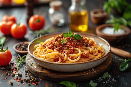 A delicious plate of spaghetti with rich Bolognese sauce, garnished with fresh basil, set on a rustic wooden table surrounded by ingredients like tomatoes, herbs, and spices.