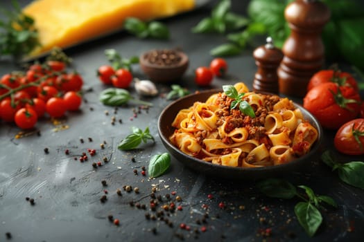 A steaming bowl of tagliatelle pasta topped with hearty Bolognese sauce and a sprig of fresh basil, surrounded by tomatoes, herbs, and cooking spices on a dark, rustic surface.