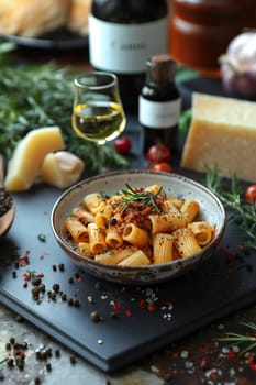 A bowl of rigatoni pasta with flavorful Bolognese sauce, garnished with fresh rosemary, surrounded by wine, parmesan cheese, and cooking ingredients.